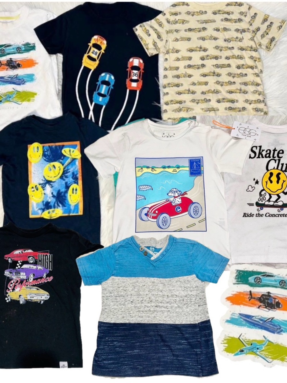 >8< Kids T-Shirts Set- Racing Cars, Airplanes, Dogs, Skateboard tees 2-3T- QTY 8